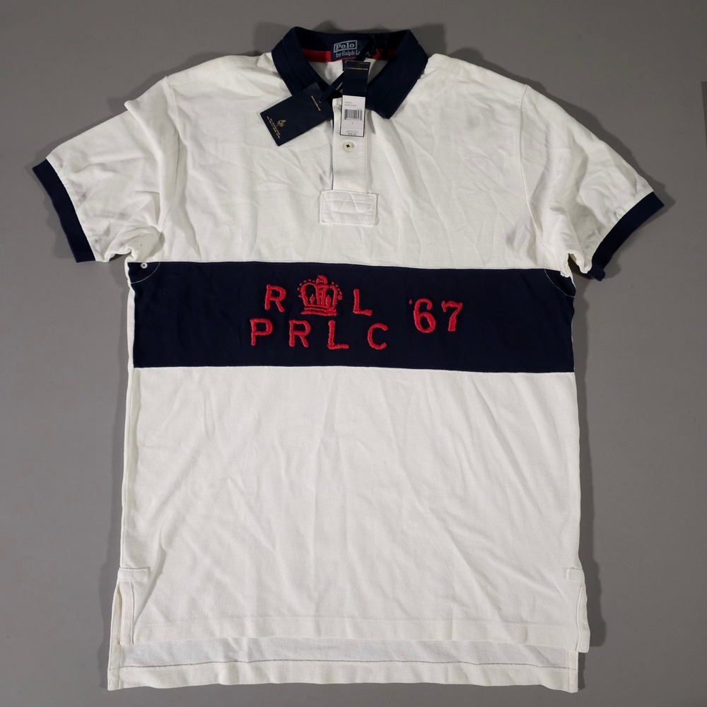 Polo Ralph Lauren Polo Shirt Mens L White Navy RL 67 Embroidered Rugby Style NWT